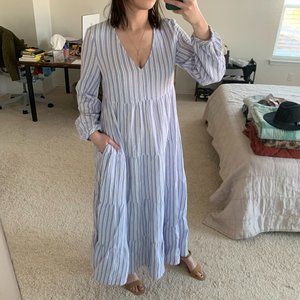 Striped Balloon Long Sleeve Tiered Dress